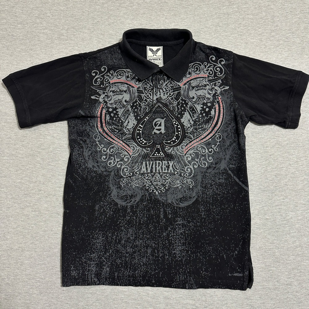 Avirex Spade Skull Graphic Polo Shirt Cotton Short Sleeve Black Mens Size Medium